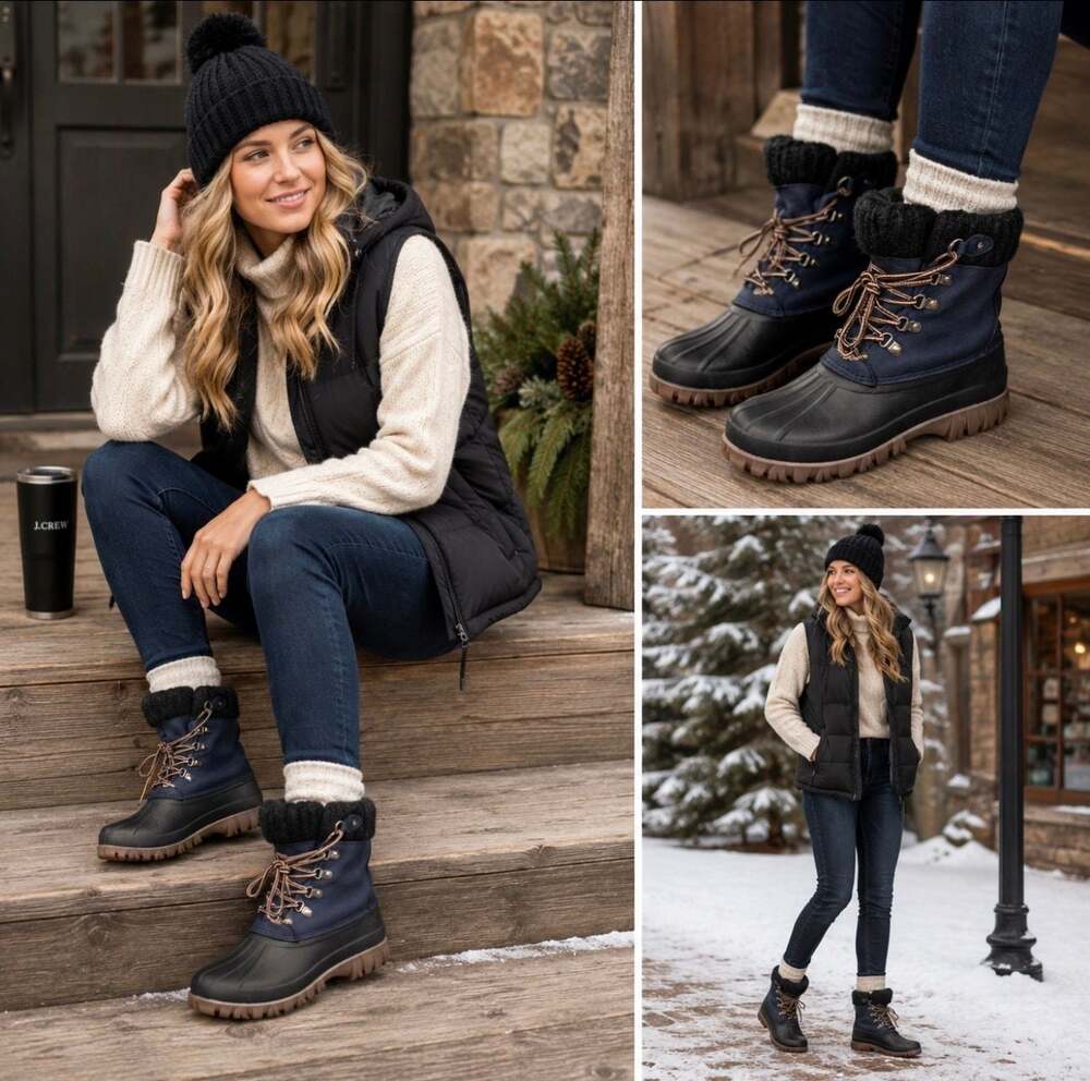 J.Crew Women’s Duck Boots Size 8M Navy Black Sherpa Lined Lace Up Winter Boots